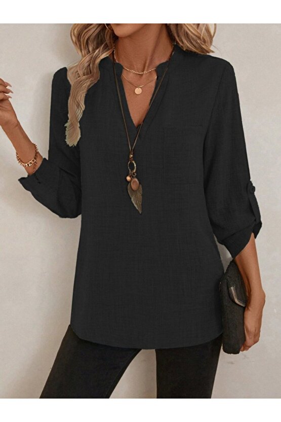 EQURİ Kadın Truvakar Kol V Yakalı Keten Bluz