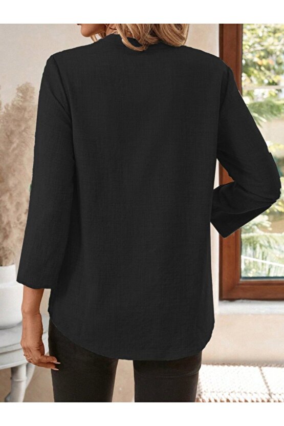 EQURİ Kadın Truvakar Kol V Yakalı Keten Bluz