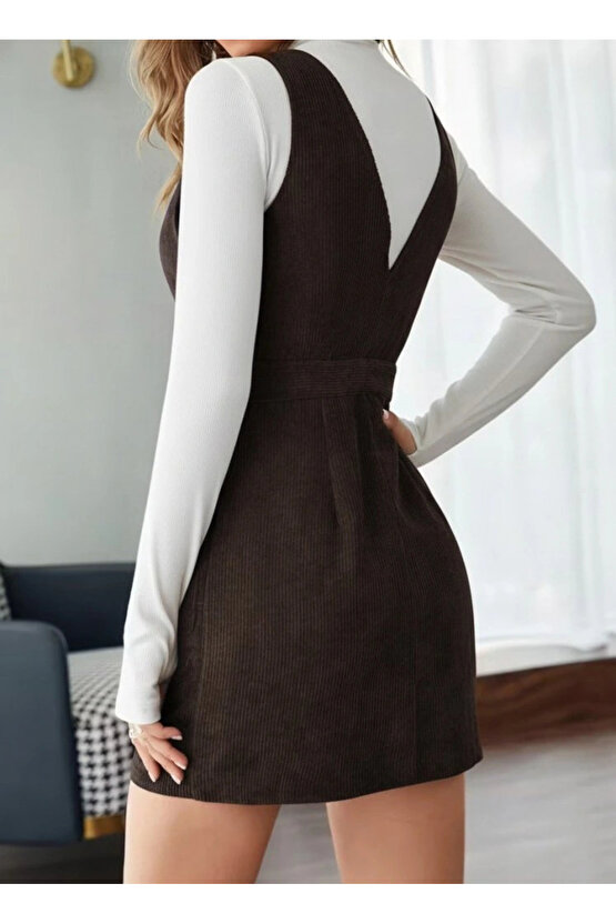 Kadın Askılı V Yakalı önden Düğmeli Mini Kalın Fitilli Kadife Elbise