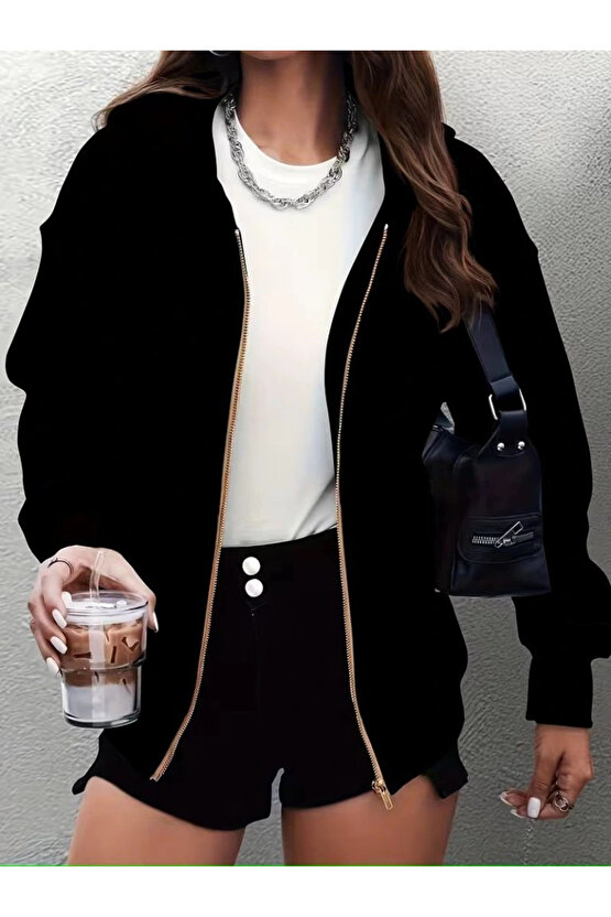 Kadın Uzun Kollu Kapşonlu Fermuarlı önden Cep Detaylı şardonlu Iki Iplik Ceket