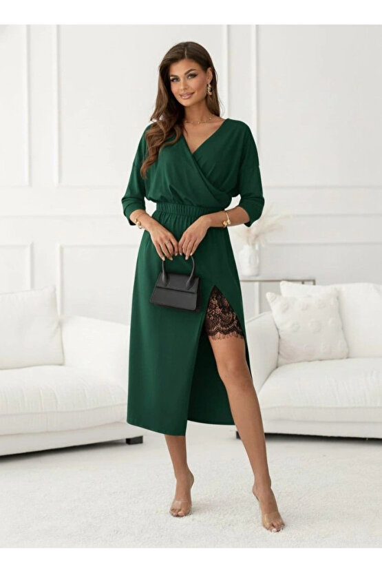 Kadın Uzun Kollu Kruvaze Yakalı Yandan Dantelli Midi Ithal Krep Elbise
