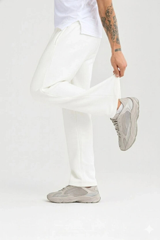 Erkek Üç Iplik Kışlık Pamuklu Ovarsize Bağcıklı Düz Paça Cepli Eşofman Altı Spor Rahat Model - Beyaz