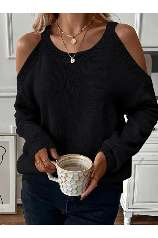 Kadın Uzun Kollu Omuzlardan Açık Askılı Triko Bluz