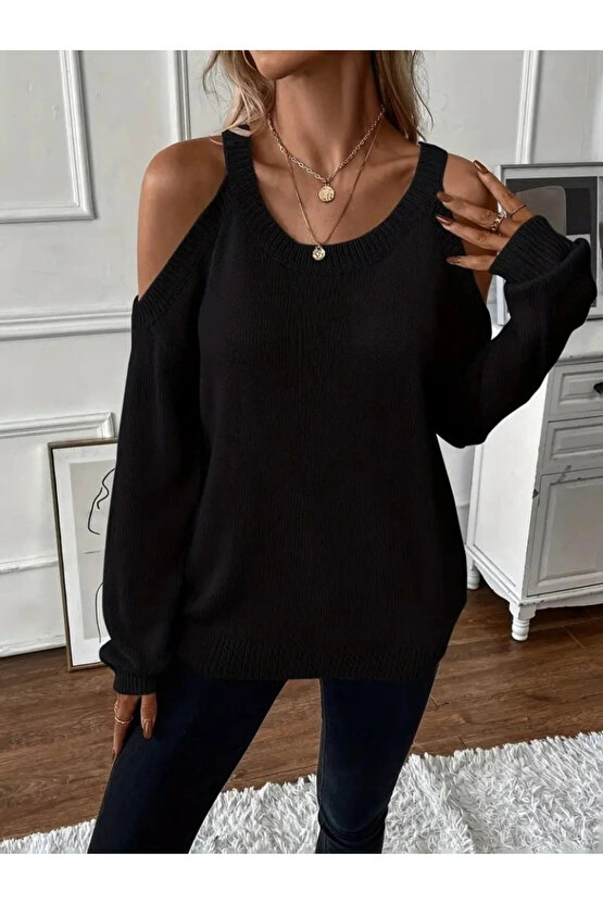 Kadın Uzun Kollu Omuzlardan Açık Askılı Triko Bluz