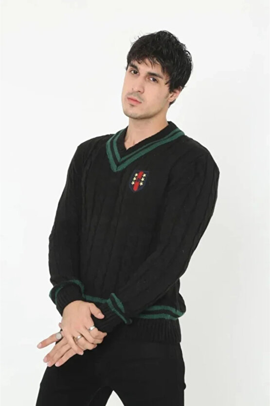 özssa Erkek V Yaka Örgülü Kazak - Siyah