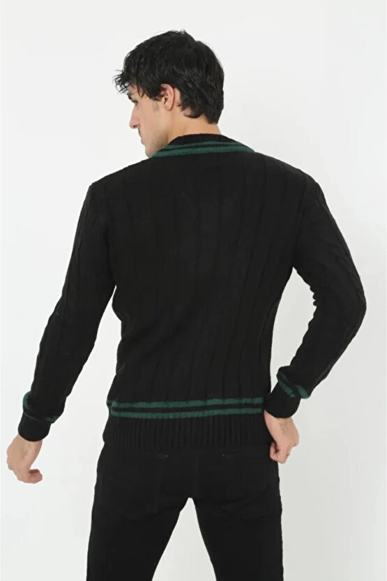 özssa Erkek V Yaka Örgülü Kazak - Siyah