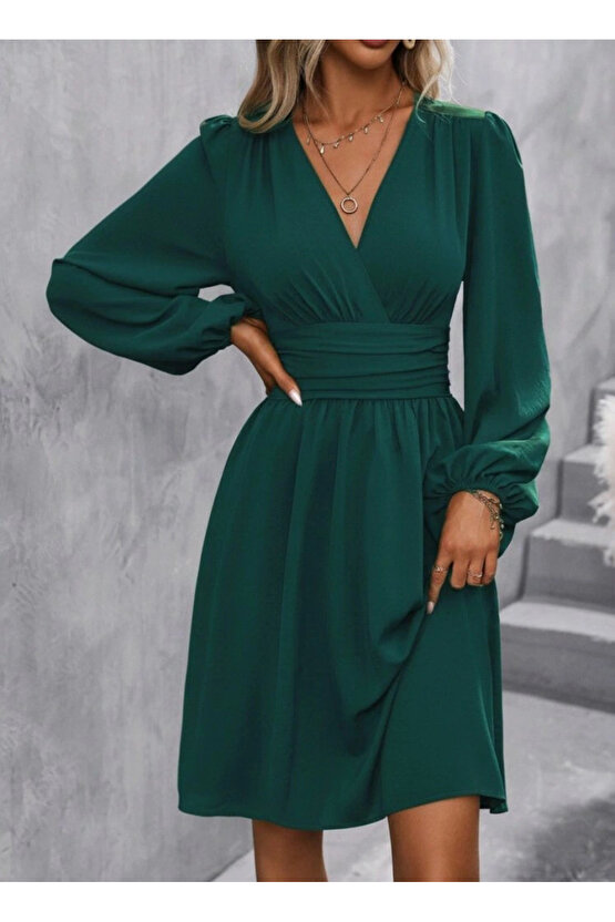 Kadın Uzun Kollu Kruvaze Yakalı Bel Korsajlı Mini Elbise