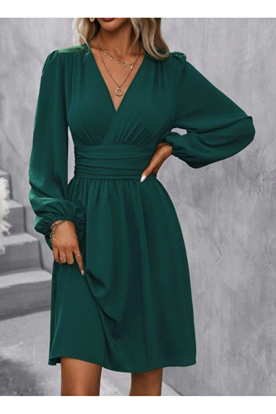 Kadın Uzun Kollu Kruvaze Yakalı Bel Korsajlı Mini Elbise