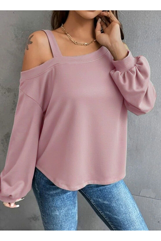 Kadın Uzun Kollu Tek Omuz Askı Detay Salaş Dalgıç Bluz