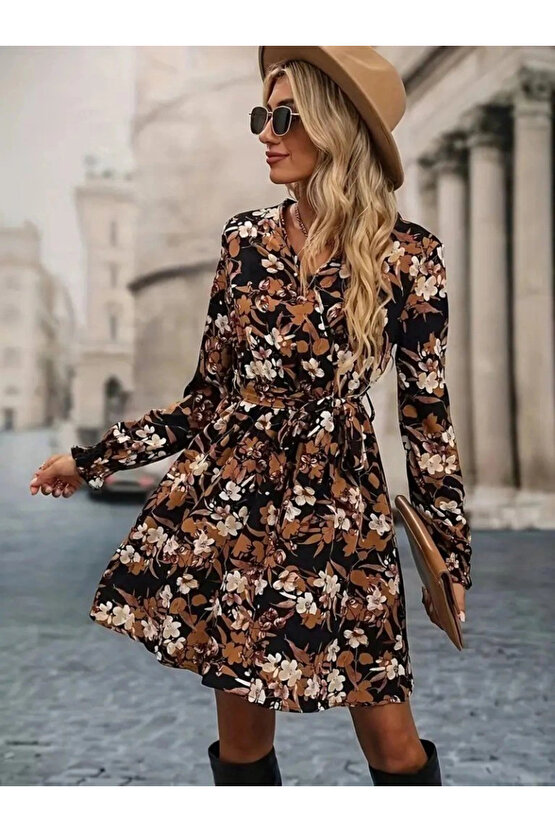 Kadın Uzun Kollu Kruvaze Yakalı Belden Kuşaklı çiçek Desenli Mikro Süprem Mini Elbise