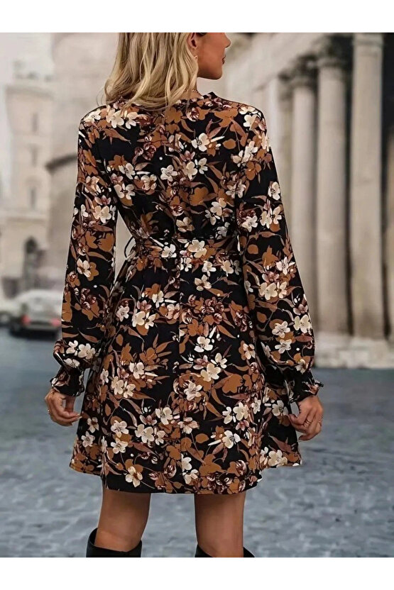 Kadın Uzun Kollu Kruvaze Yakalı Belden Kuşaklı çiçek Desenli Mikro Süprem Mini Elbise