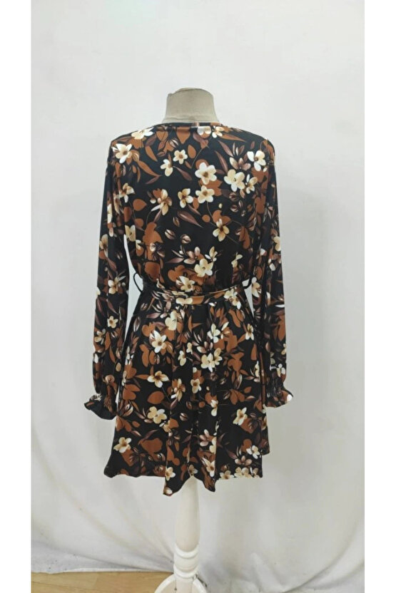 Kadın Uzun Kollu Kruvaze Yakalı Belden Kuşaklı çiçek Desenli Mikro Süprem Mini Elbise