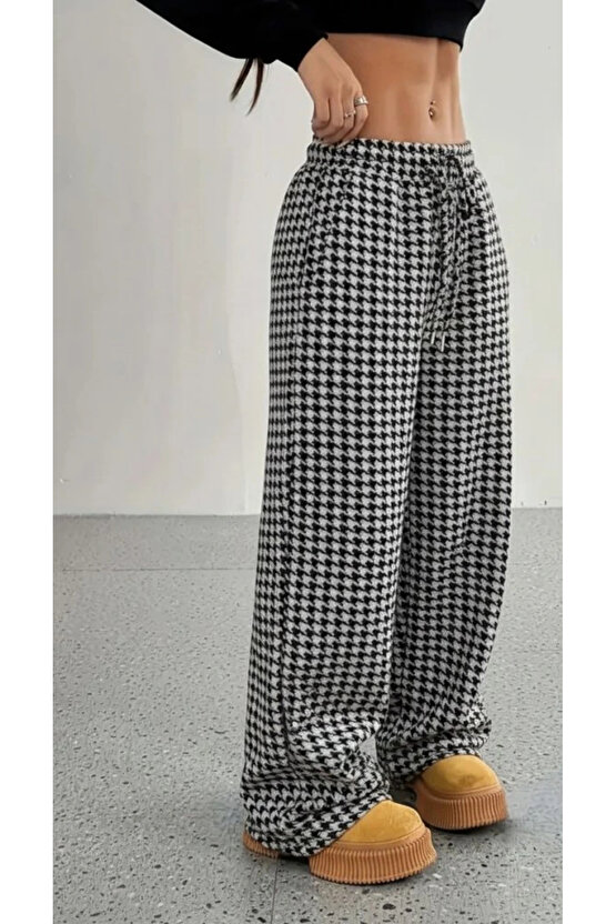 Kadın Yüksek Bel Lastikli Bağcıklı Geniş Kesim Kazayağı Dalgıç Pantolon