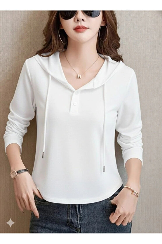 Kadın Uzun Kollu Kapşonlu Bağcıklı Düğmeli Viskon Iki Iplik Bluz