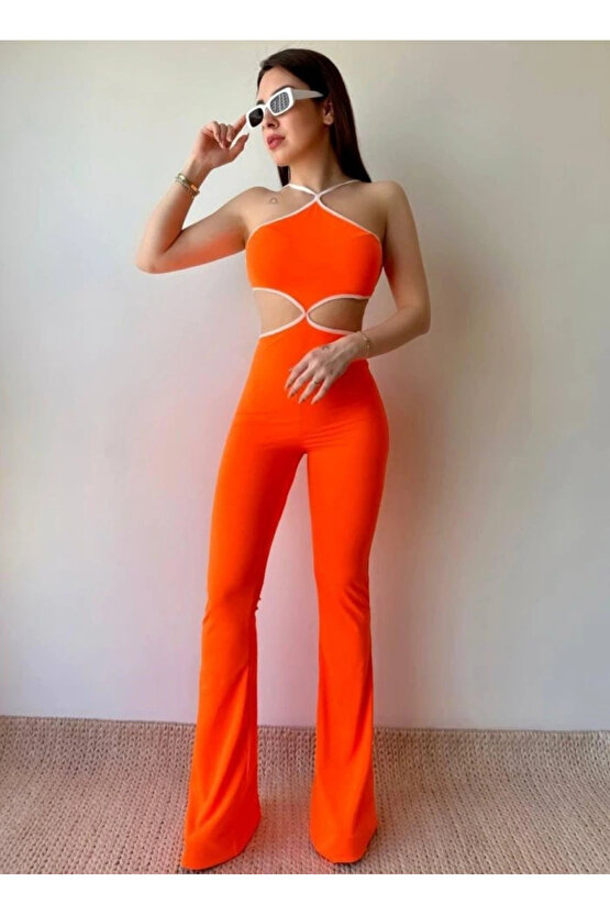 Kadın Halter Yaka Bel Dokolteli Tulum