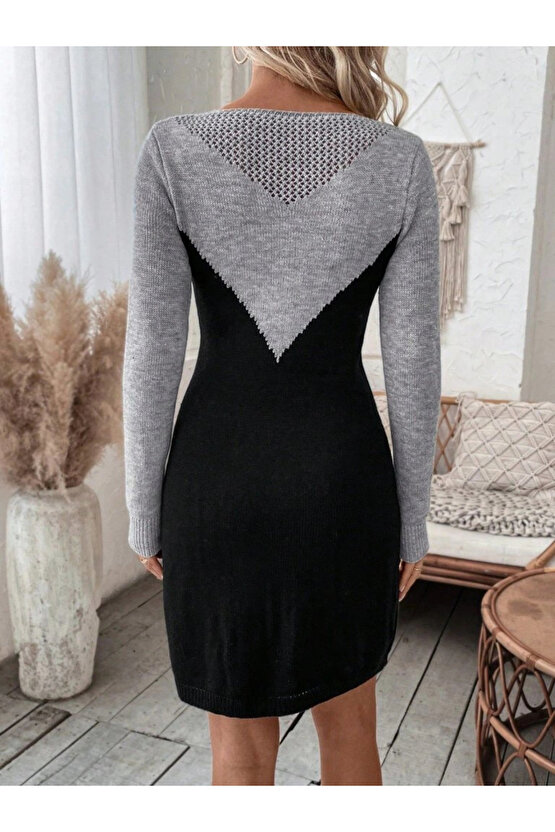 Kadın Uzun Kollu Kayık Yakalı çift Renk Mini Triko Elbise
