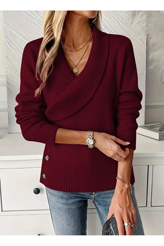 Kadın Uzun Kollu Yakalı Yandan Düğmeli Triko Bluz