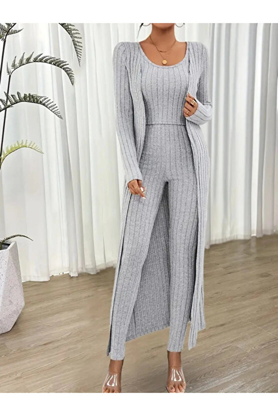 Kadın Yuvarlak Yaka Askılı Krop Bluz Yüksek Bel Tayt Ve Uzun Hırka şardonlu Kaşkorse üçlü Takım