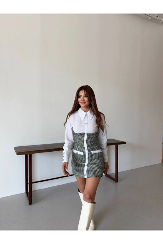 KADIN UZUN KOLLU CEP VE DÜĞME DETAY MİNİ GÖMLEK ELBİSE