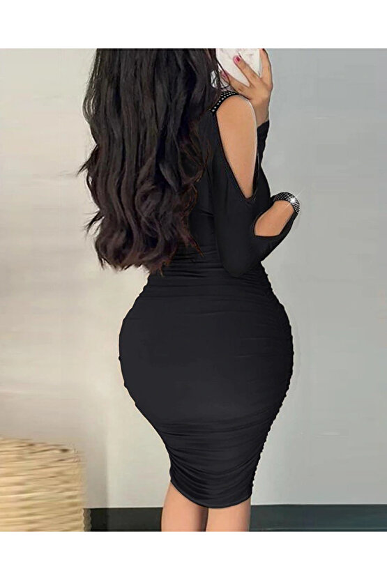 Kadın Omuzlardan Açık Uzun Kollu Taşlı Degaje Yakalı Sandy Midi Elbise