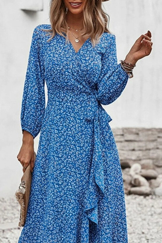 Kadın Uzun Kollu Kruvaze Yaka Yandan Bağlamalı önden Fırfır Detaylı Süprem Uzun Elbise