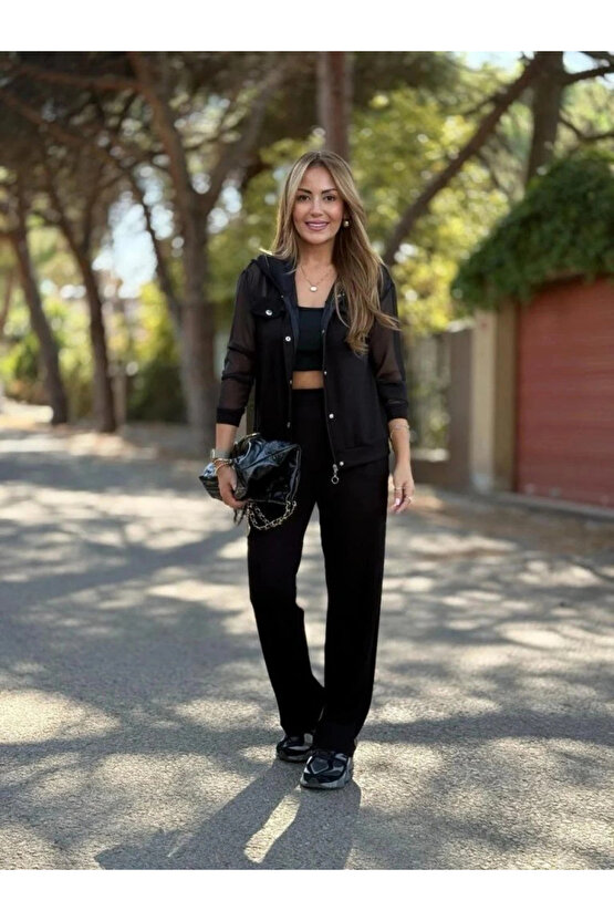 Kadın Uzun Kollu Tül Detaylı önü Düğmeli Viskon Iki Iplik Ceket Ve Pantolon Ikili Takım