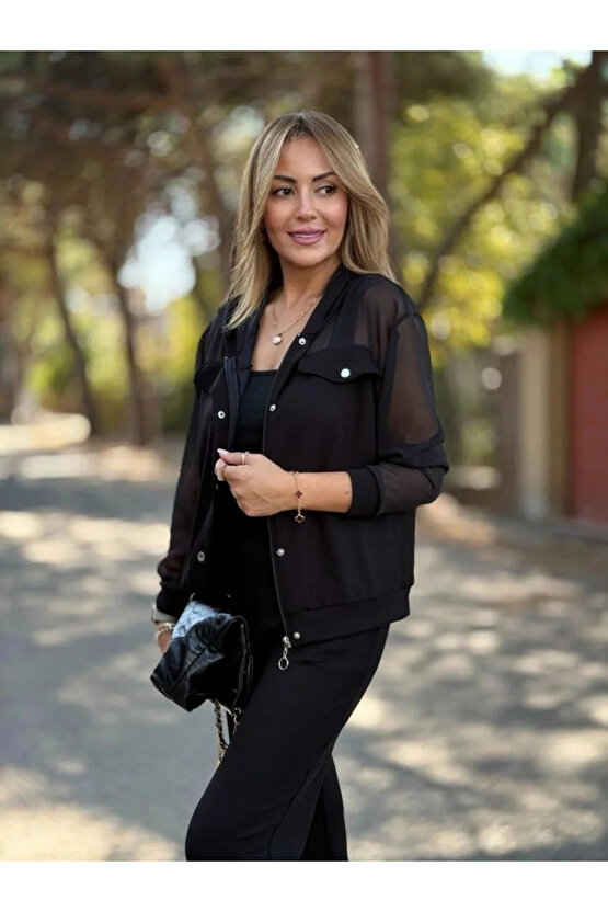 Kadın Uzun Kollu Tül Detaylı önü Düğmeli Viskon Iki Iplik Ceket Ve Pantolon Ikili Takım