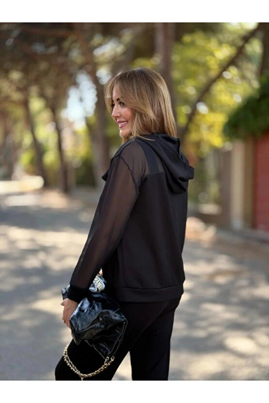 Kadın Uzun Kollu Tül Detaylı önü Düğmeli Viskon Iki Iplik Ceket Ve Pantolon Ikili Takım