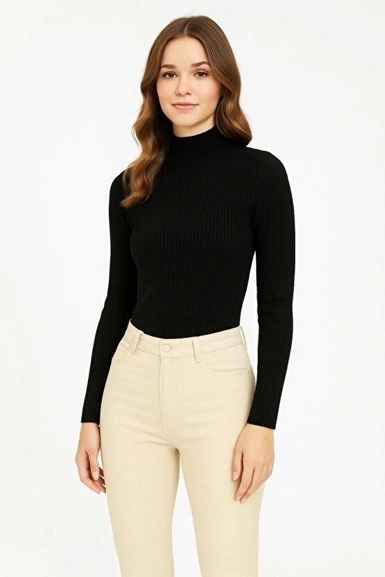 Kadın Tam Boğazlı Fitilli Likrali Koşkorse Badi - Siyah