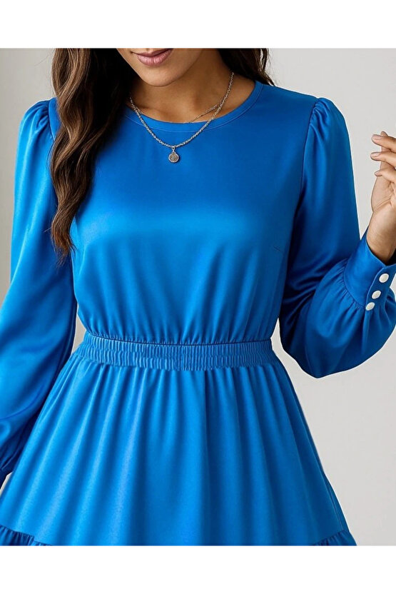 Kadın Uzun Kollu Bisiklet Yaka Beli Lastikli Fırfırlı Ithal Krep Elbise