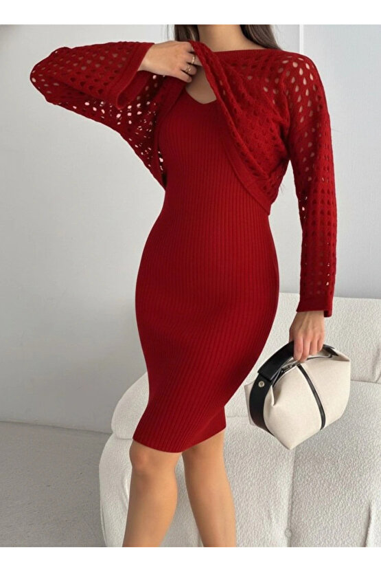 Kadın Uzun Kollu Delikli Kazak Askılı Elbise Triko Ikili Takım