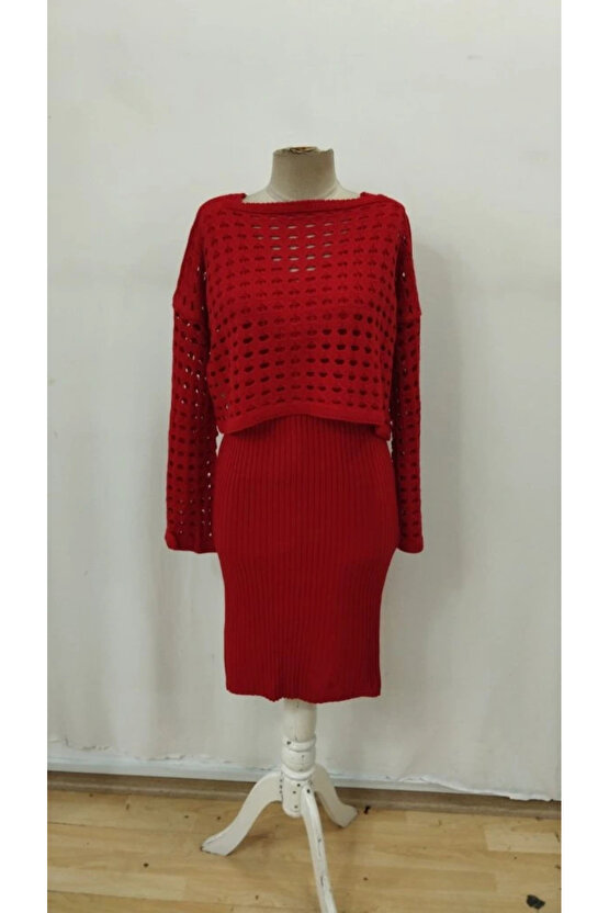 Kadın Uzun Kollu Delikli Kazak Askılı Elbise Triko Ikili Takım