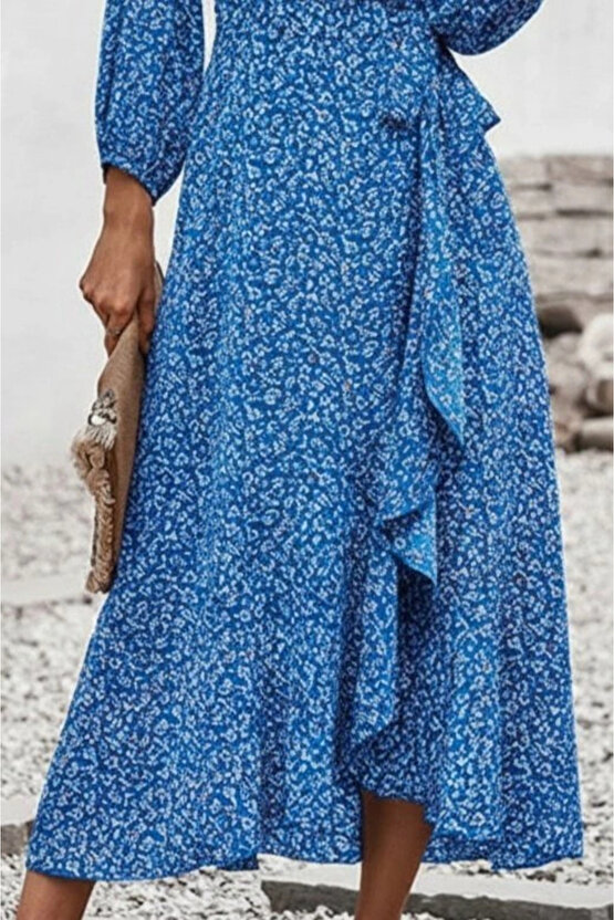 Kadın Uzun Kollu Kruvaze Yaka Yandan Bağlamalı önden Fırfır Detaylı Süprem Uzun Elbise