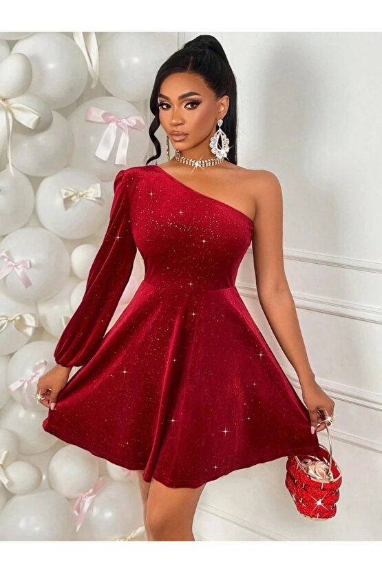 Kadın Tek Omuzdan Açık Uzun Kollu Taşlı Mini Elbise