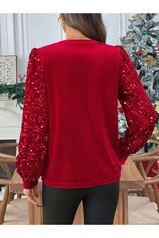 Kadın Uzun Kollu Bisiklet Yaka Kollar Pulpayet Kadife Bluz