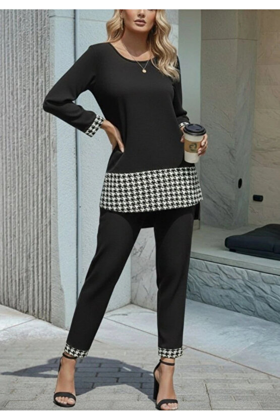 Kadın Uzun Kollu Yuvarlak Yakalı Kaz Ayağı Detaylı Viskon Iki Iplik Bluz Ve Pantolon Ikili Takım