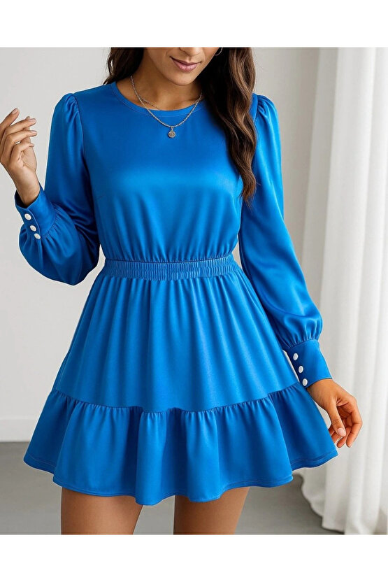 Kadın Uzun Kollu Bisiklet Yaka Beli Lastikli Fırfırlı Ithal Krep Elbise