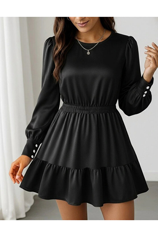 Kadın Uzun Kollu Bisiklet Yaka Beli Lastikli Fırfırlı Ithal Krep Elbise