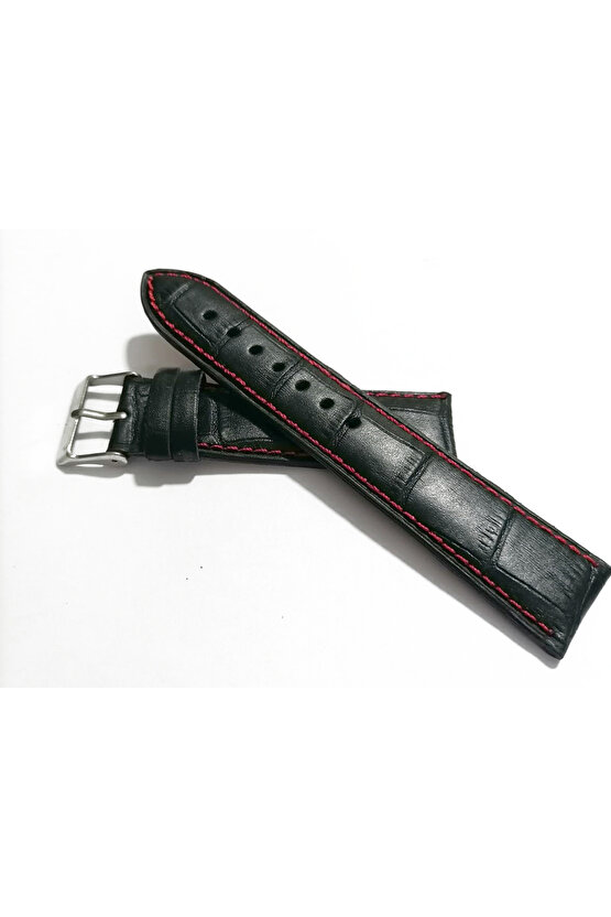  Tüm saate Uyumlu &  Hakiki  Dana  Derisi Saat Kordonu  22 mm  ( 131)  Kırmızı Dikişli  siyah