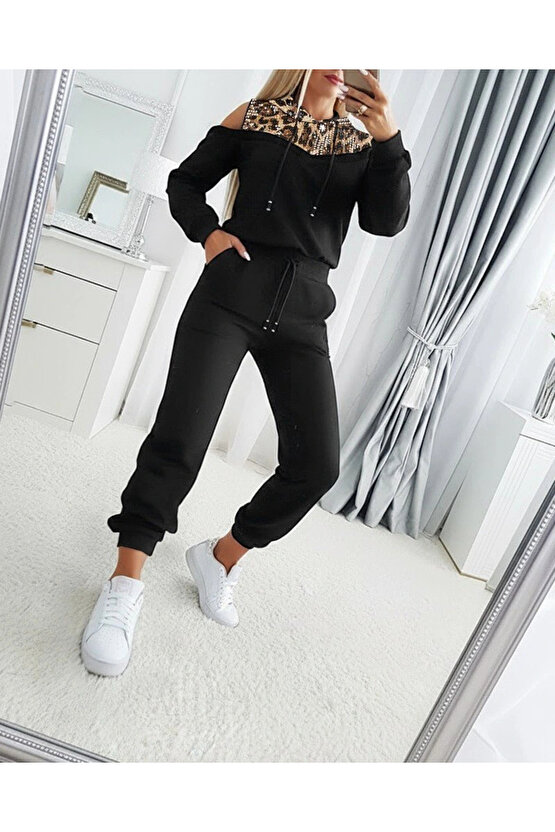 Kadın Uzun Kollu Omuzlardan Açık Leopar Desenli Kapşonlu Viskon Iki Iplik Bluz Ve Pantolon Ikili Tak