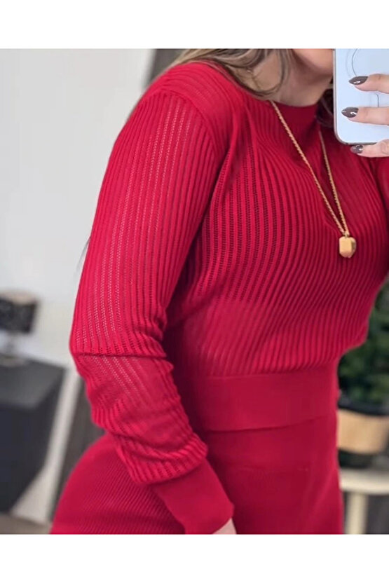 Kadın Uzun Kollu Yuvarlak Yaka Transparan Detaylı Triko Bluz Ve Pantolon Ikili Takım