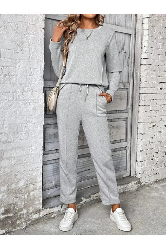 Kadın Uzun Kollu Yanları Nervurlu Viskon Iki Iplik Ve Pantolon Ikili Takım