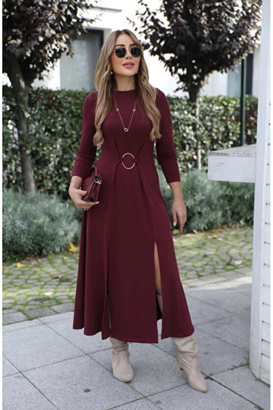 Kadın Uzun Kollu Bisiklet Yaka önden Halka Detaylı Yırtmaçlı Uzun Viskon Iki Iplik Elbise