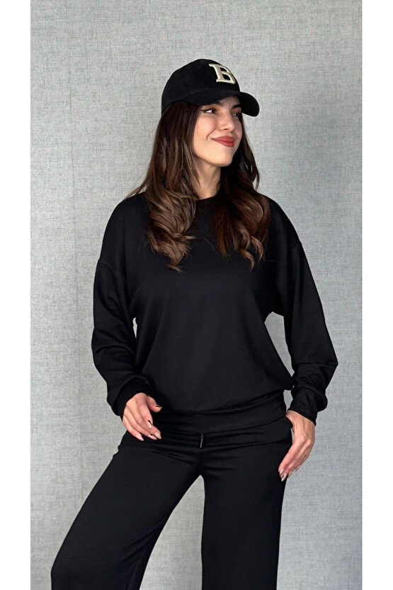 Kadın Uzun Kollu Bisiklet Yaka Viskon Iki Iplik Bluz Ve Pantolon Ikili Takım