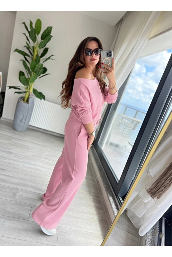 Kadın Uzun Kollu Tek Omuzdan Açık Dalgıç Bluz Ve Pantolon Ikili Takım