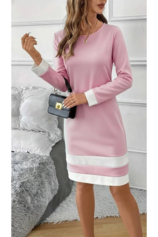 Kadın Uzun Kollu Yuvarlak Yaka Etek Ucu şerit Detaylı Mini Dalgıç Elbise
