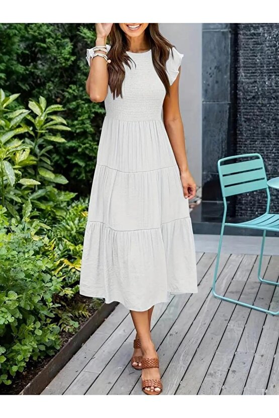 Kadın Kısa Kollu Kolları Volanlı Gipeli Aerobin Elbise