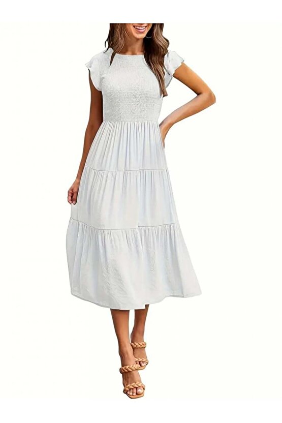 Kadın Kısa Kollu Kolları Volanlı Gipeli Aerobin Elbise