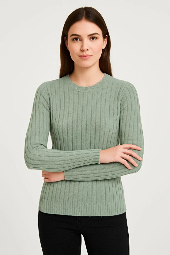 Erkek Bisiklet Yuvarlak Yaka Triko Kazak Pamuklu Kalın Fitilli Dokuma, Regular Fit Uzun Kollu Kışlık