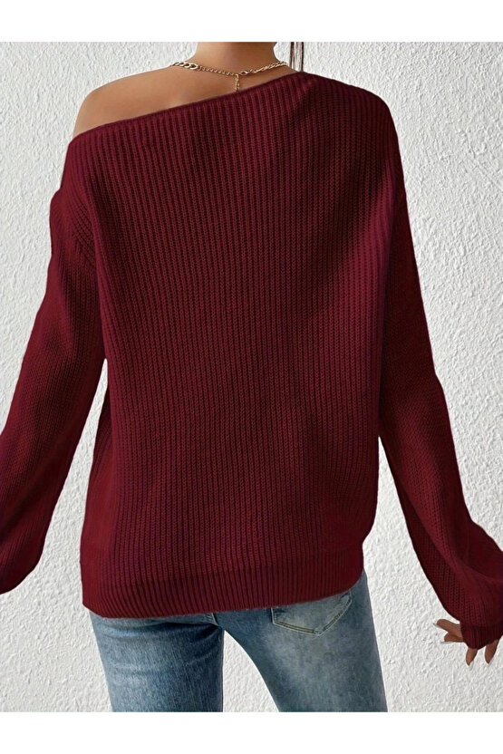 Kadın Uzun Kollu Tek Omuzu Açık Detaylı Triko Bluz